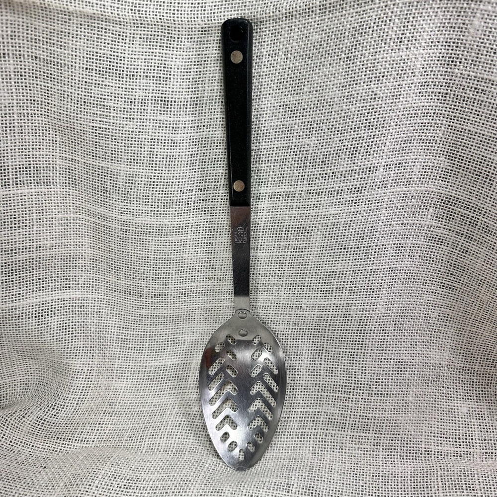 EKCO Stainless Vanadium Slotted Spoon Black‎ Handle Made in USA Kitchen Utensil